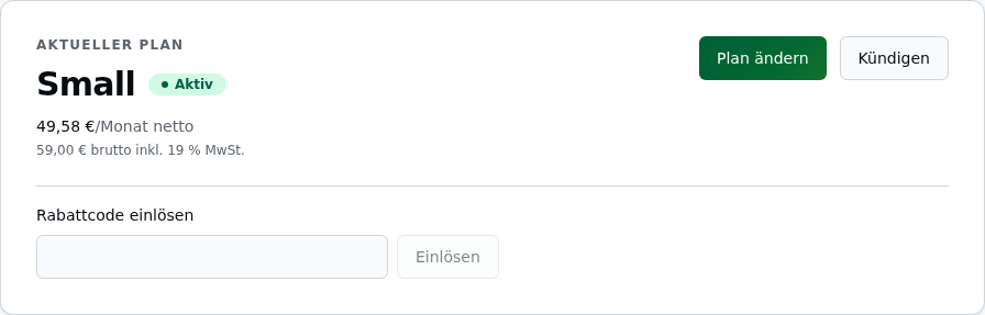 Abo-Kopf-Card ohne Rabatt: Plan „Small · Aktiv" mit „49,58 €/Monat netto" und darunter „59,00 € brutto inkl. 19 % MwSt.", darunter das Eingabefeld „Rabattcode einlösen" mit Textfeld und Button „Einlösen"