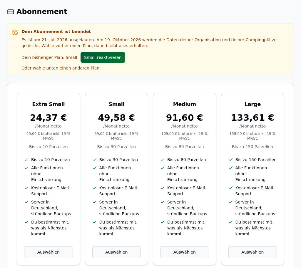 Abonnement-Seite nach Abo-Ende: gelber Hinweis „Dein Abonnement ist beendet" mit „Es ist am 21. Juli 2026 ausgelaufen. Am 19. Oktober 2026 werden die Daten deiner Organisation und deiner Campingplätze gelöscht. Wähle vorher einen Plan, dann bleibt alles erhalten.", darunter „Dein bisheriger Plan: Small" mit dem Knopf „Small reaktivieren" und „Oder wähle unten einen anderen Plan."; darunter die erste Reihe der Plan-Karten, jede mit „Auswählen" und keine mit „Aktuell"