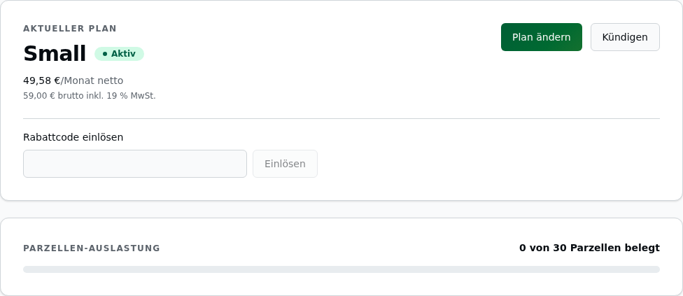 Abonnement-Bereich nach Planwahl: „Aktueller Plan" Small mit grünem Status-Badge „Aktiv", darunter „49,58 €/Monat netto" und klein „59,00 € brutto inkl. 19 % MwSt.", rechts die Buttons „Plan ändern" und „Kündigen", darunter das Feld „Rabattcode einlösen" und die Parzellen-Auslastung „0 von 30 Parzellen belegt" – die Testphase ist beendet