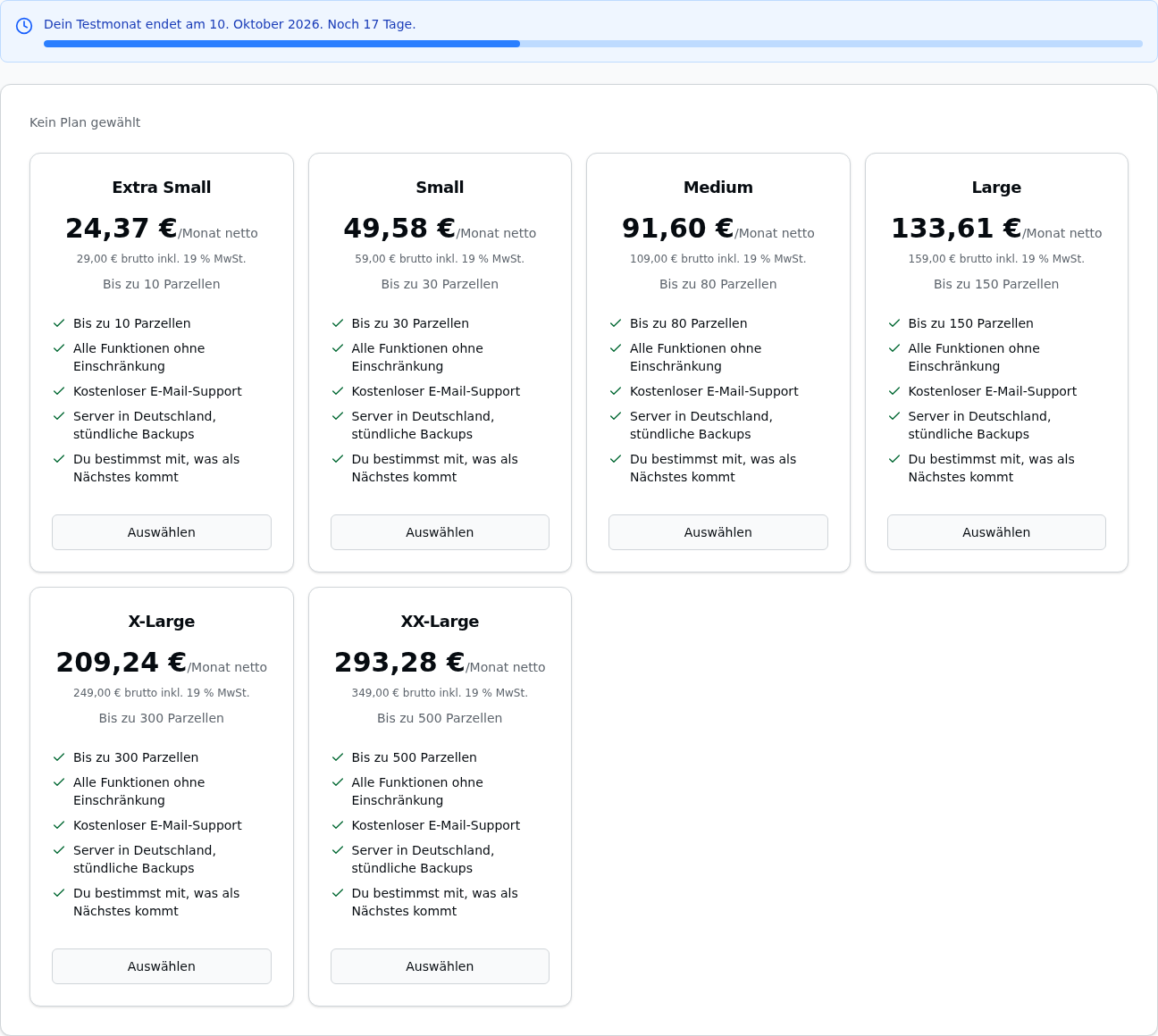 Abonnement-Seite mit Plan-Auswahl im Trial: Testmonat-Banner mit Restlaufzeit, Hinweis „Kein Plan gewählt" und darunter die sechs Tarif-Karten von Extra Small bis XX-Large – je mit Nettopreis groß (z. B. „91,60 €/Monat netto"), Bruttopreis klein darunter („109,00 € brutto inkl. 19 % MwSt."), Parzellen-Limit, gleicher Leistungsliste und „Auswählen"-Button