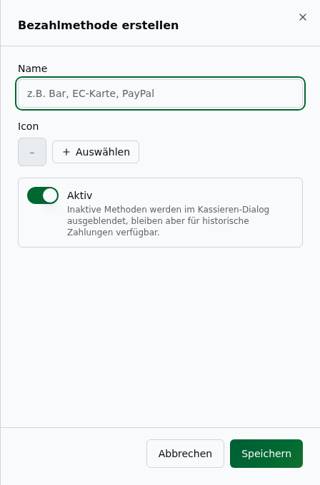 Sheet „Bezahlmethode erstellen" mit Name-Feld, Icon-Auswahl und Aktiv-Schalter