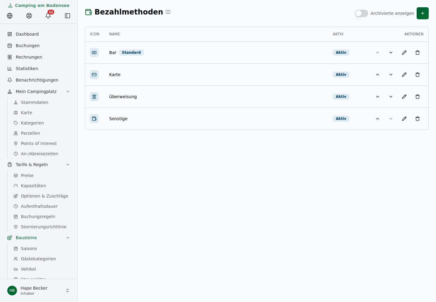Seite Bezahlmethoden – Tabelle mit Methoden, Icons, Aktiv-Schalter und Reihenfolge-Buttons