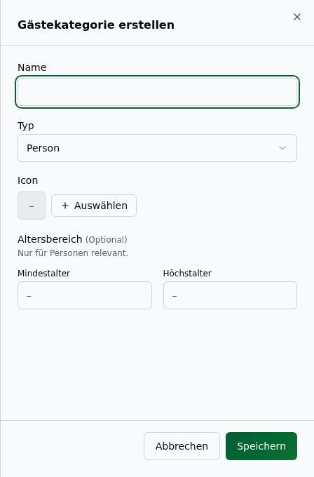 Erstellen-Sheet „Gästekategorie" mit Name, Typ (Person/Tier), Icon-Auswahl und Altersbereich