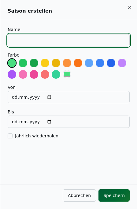 Erstellen-Sheet „Saison" mit Bezeichnung, Farbwähler, Von-/Bis-Datumsfeldern und Wiederholungs-Option