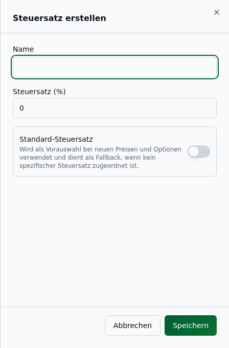 Erstellen-Sheet „Steuersatz" mit Bezeichnung, Prozentwert und Standard-Option