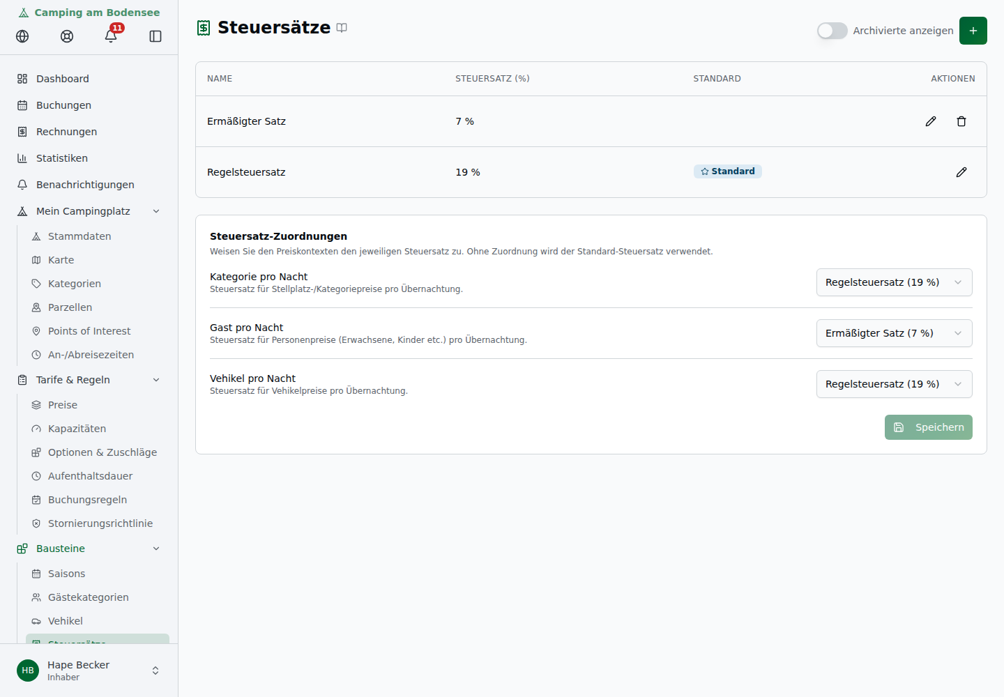 Steuersätze-Liste mit Standard-Markierung und Aktionen