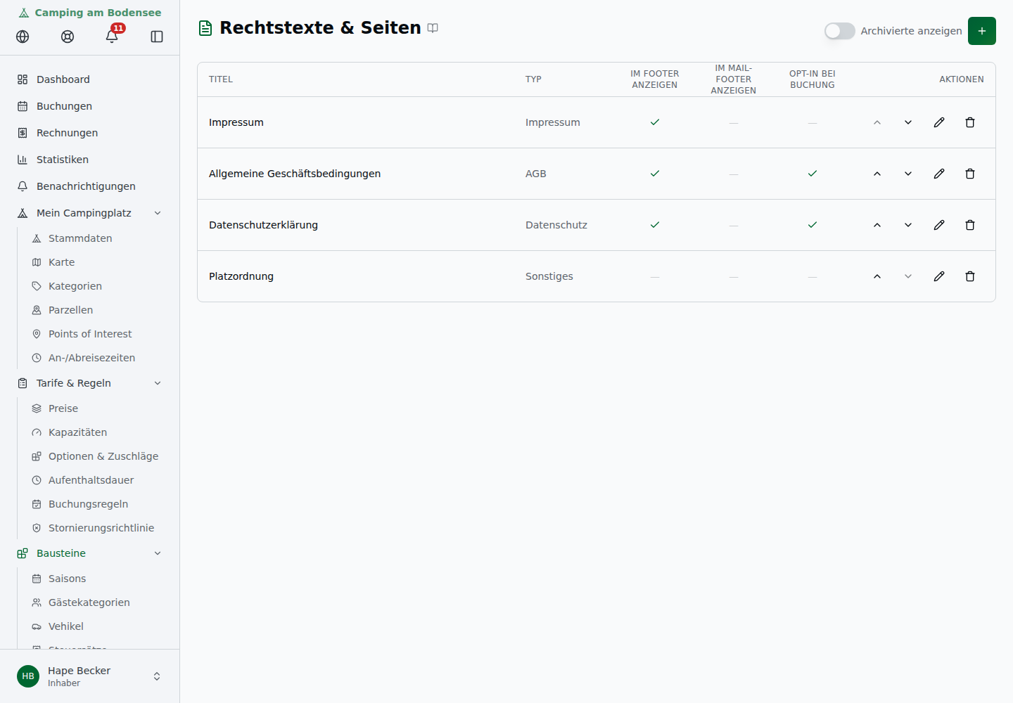 Rechtstexte & Seiten – Übersichtstabelle mit Titel, Typ und Spalten für Footer-/Mail-Footer-Anzeige und Opt-in bei Buchung (Impressum, AGB, Datenschutz, Platzordnung)