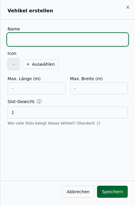 Erstellen-Sheet „Vehikel" mit Bezeichnung, Icon, Maßen und Slot-Gewicht