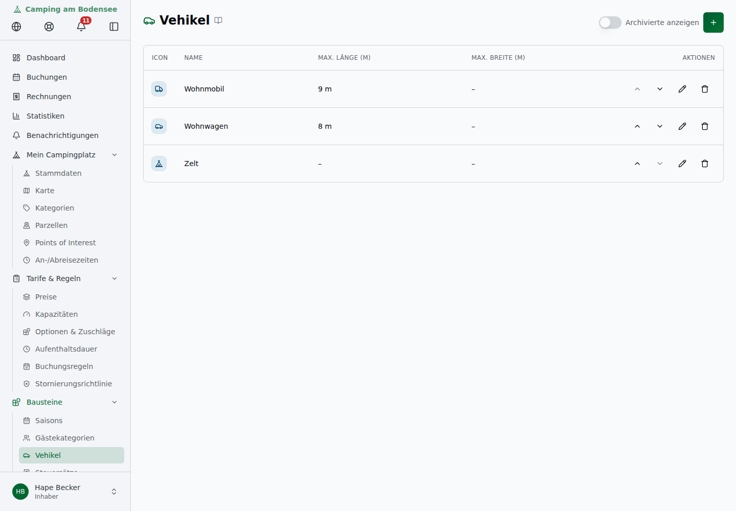 Vehikeltypen-Liste mit Icon, Name, Dimensionen und Aktionen