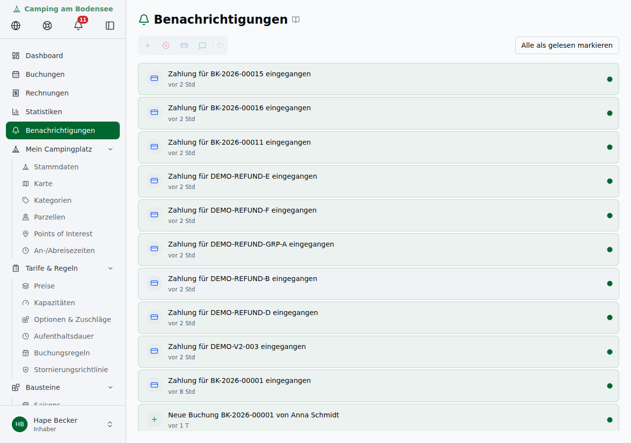 Seite „Benachrichtigungen": Typ-Filter-Schaltflächengruppe oben links, „Alle als gelesen markieren"-Knopf oben rechts und die Liste der Benachrichtigungen
