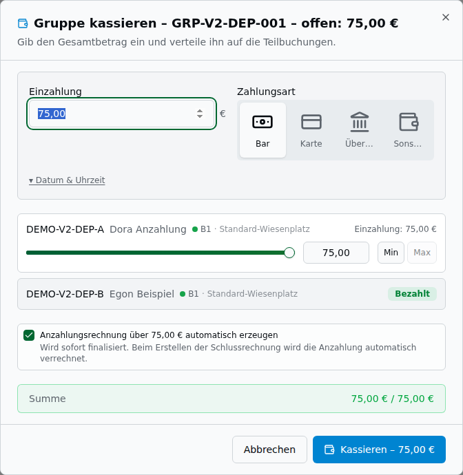 Gruppen-Kassieren-Dialog mit Einzahlung, Slider-Verteilung pro Teilbuchung (Min/Max), Anzahlungsrechnung-Checkbox, amber Adress-Hinweis und Summen-Indikator