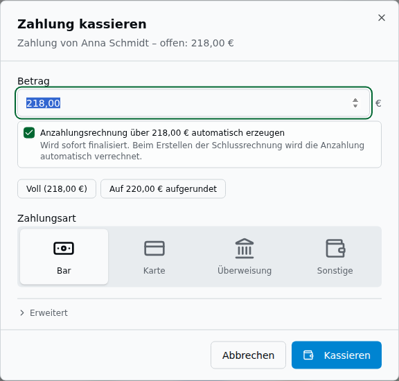 Zahlungsdialog „Zahlung kassieren" mit Betragsfeld, Anzahlungsrechnung-Checkbox, Vollbetrag-Chip und Zahlungsart-Auswahl