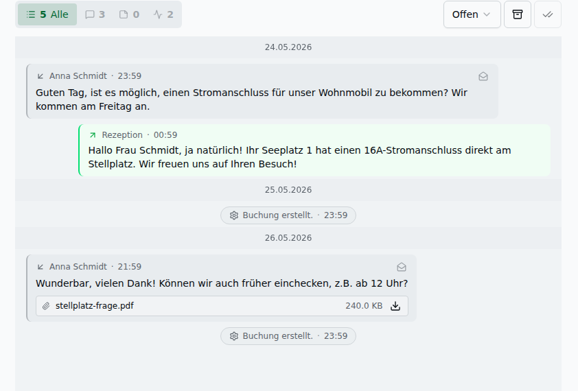 Bubble-Stream im Kommunikations-Tab – Gast-Nachricht (Anna Schmidt, links/grau), Operator-Antwort (Rezeption, rechts/grün), neutrale Ereignis-Pills („Buchung erstellt") sowie eine Gast-Nachricht mit Datei-Anhang (stellplatz-frage.pdf)