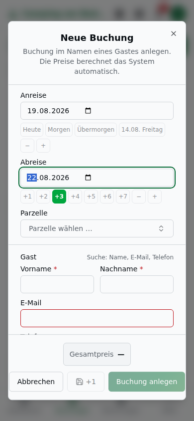 Dialog „Neue Buchung" auf dem Smartphone: die Spalten stehen untereinander, der Dialog scrollt als Ganzes