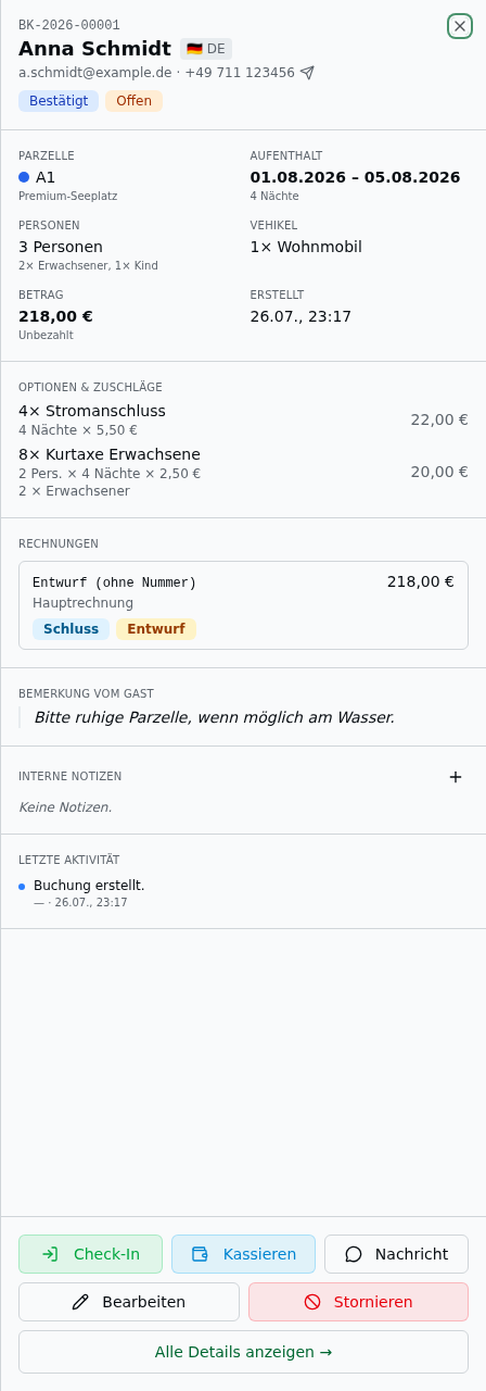 Quick-Access Sheet mit Kopfzeile, Key Facts, Optionen, Rechnungen, interne Notizen, Audit-Log und Aktionsbuttons