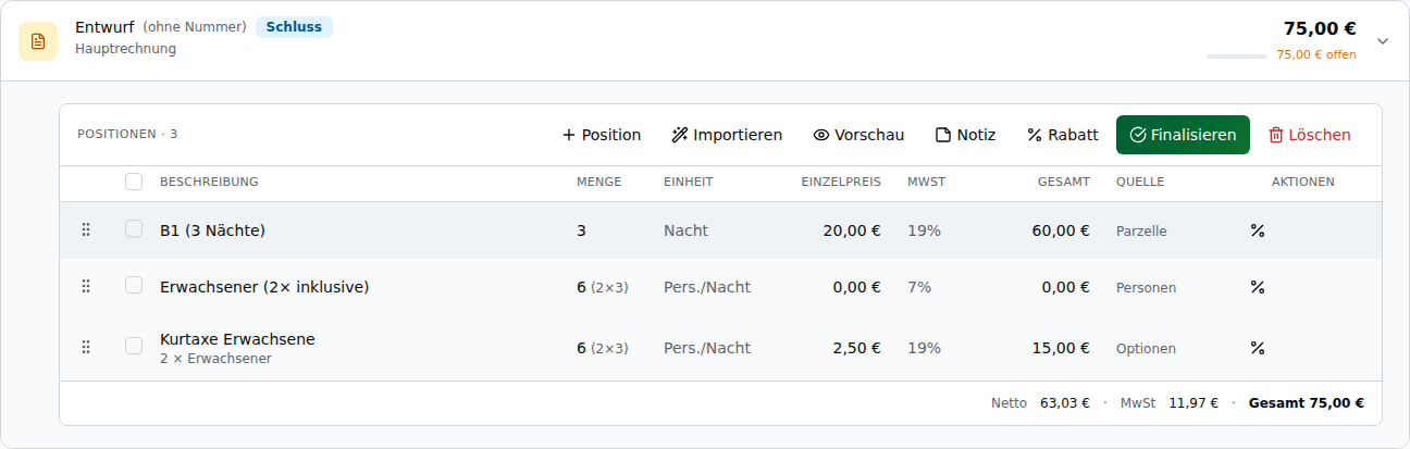 Aufgeklappte Entwurfs-Rechnung mit Action-Bar (Position, Importieren, Vorschau, Notiz, Finalisieren, Löschen), Positionstabelle und Summen-Footer