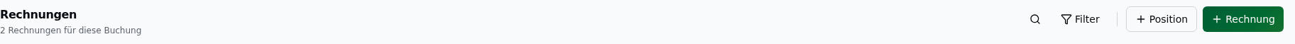 Header-Bar des Rechnungen-Tabs – links Titel „Rechnungen" mit Anzahl, rechts Such-Icon, Filter-Dropdown sowie die Buttons „+ Position" und „+ Rechnung"