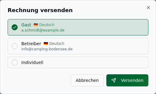 Dialog „Rechnung versenden" mit Empfänger-Auswahl (Gast, Betreiber, Individuell) inkl. Sprach-Hinweis und Versenden-Button