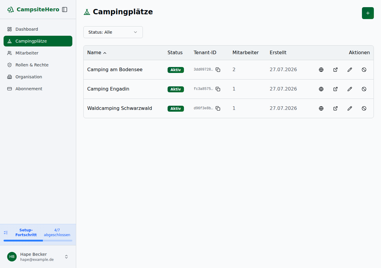 Campingplätze-Übersicht im Operator-Dashboard – Tabelle mit Name, Adresse, Status-Badge, Mitarbeiterzahl und Aktionsspalte