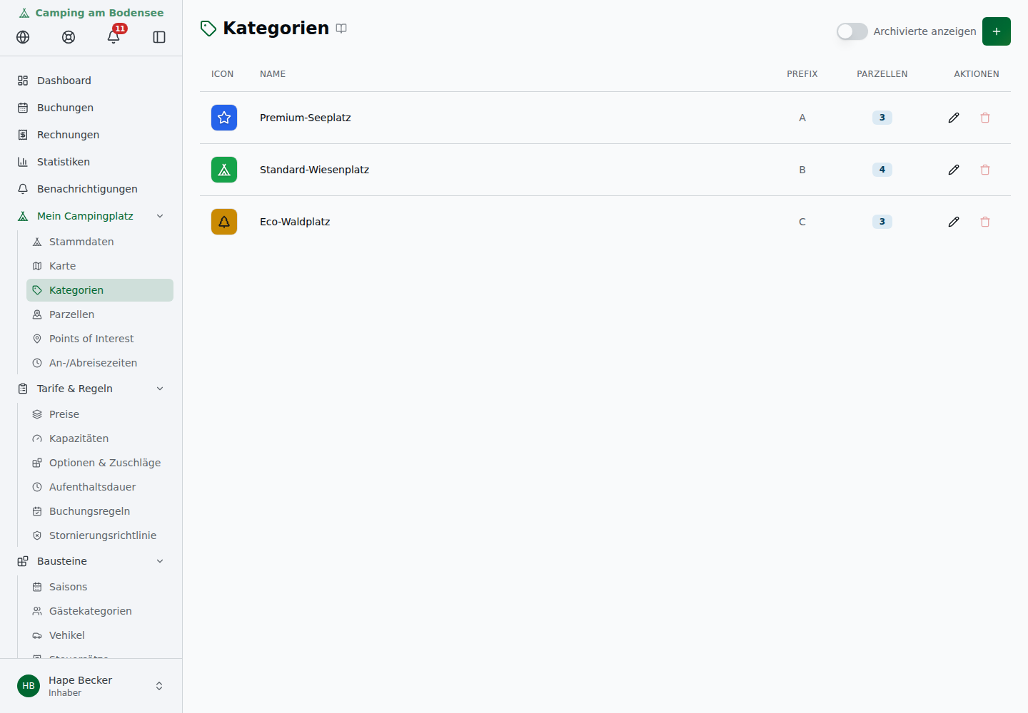 Kategorien-Übersicht mit Icon, Name, Prefix und Parzellenanzahl