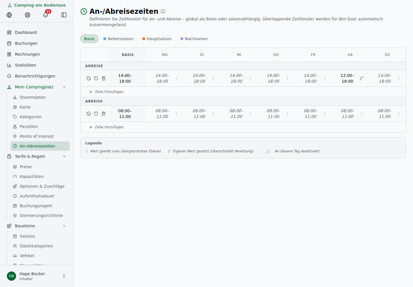 An-/Abreisezeiten als Matrix-Tabelle mit Basis-Spalte und Wochentagen