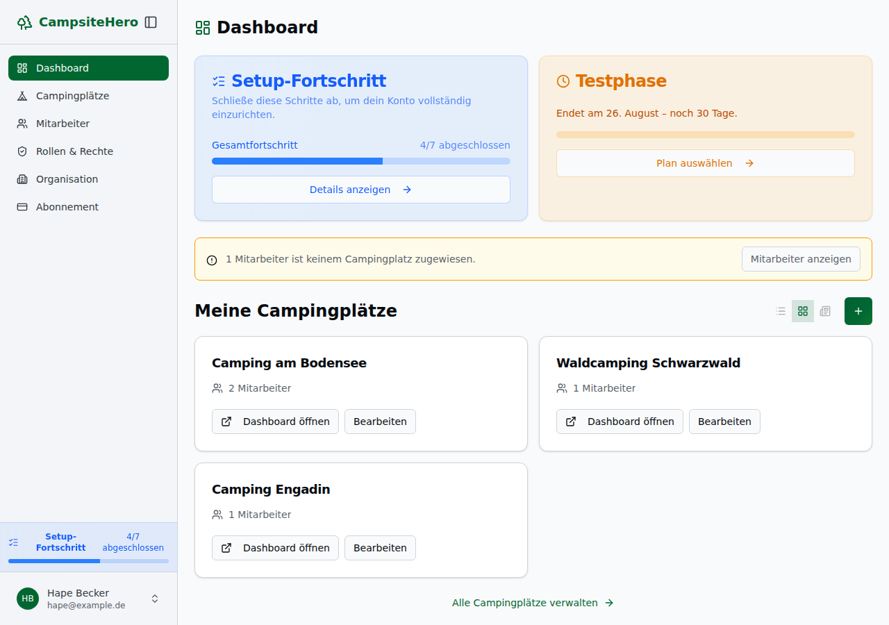 Betreiber-Dashboard mit allen Menüpunkten