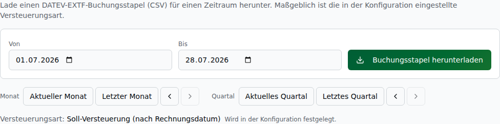 Tab Buchungsstapel-Export: Von/Bis-Datumsfelder, Monats- und Quartals-Schnellwahl und Knopf „Buchungsstapel herunterladen"