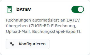 DATEV-Card auf der Integrationen-Übersicht: An/Aus-Schalter (aktiv) und Knopf „Konfigurieren"