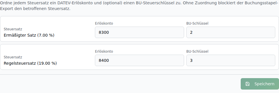 Tab Konten-Mapping: je Steuersatz (7 % und 19 %) ein Erlöskonto (8300/8400) und BU-Steuerschlüssel, mit Sticky-Footer „Speichern"