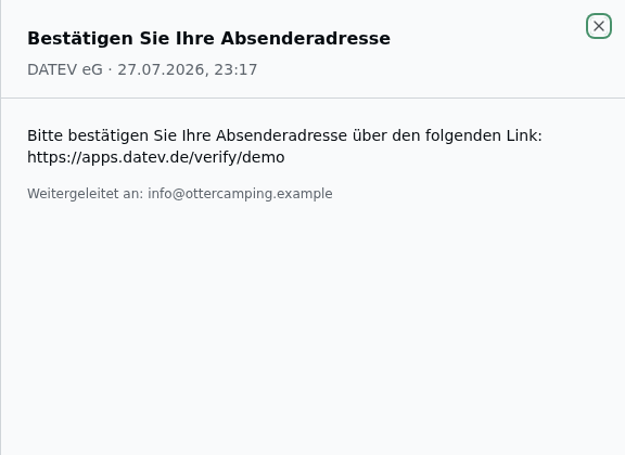 Detail-Sheet einer empfangenen DATEV-Mail im Tab Posteingang: Absender (DATEV eG), Empfangsdatum, Nachrichtentext und „Weitergeleitet an"