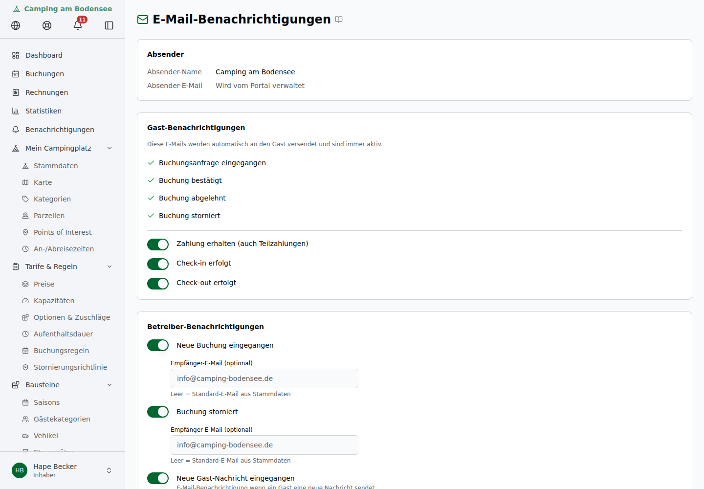 E-Mail-Benachrichtigungen – im Bereich „Betreiber-Benachrichtigungen" der Toggle „Neue Gast-Nachricht eingegangen" mit optionalem abweichendem Empfänger-Feld