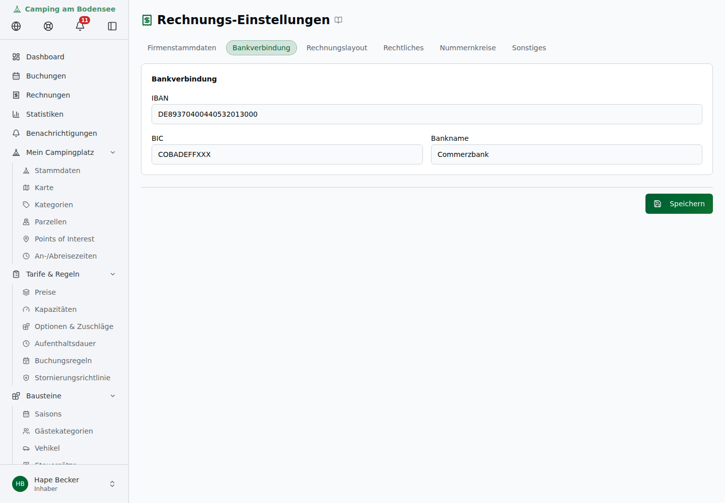 Tab Bankverbindung mit IBAN, BIC und Bankname