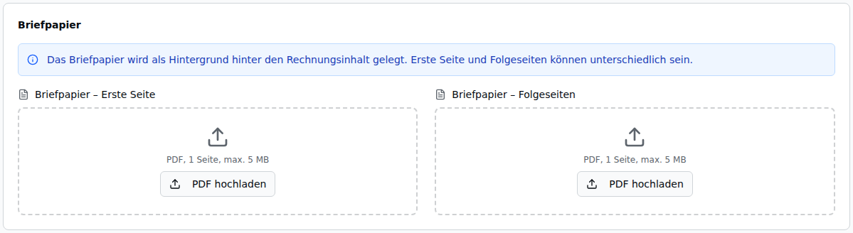 Briefpapier-Sektion – zwei Upload-Zonen „Briefpapier erste Seite" und „Briefpapier Folgeseiten" für PDF-Dateien (max. 5 MB)