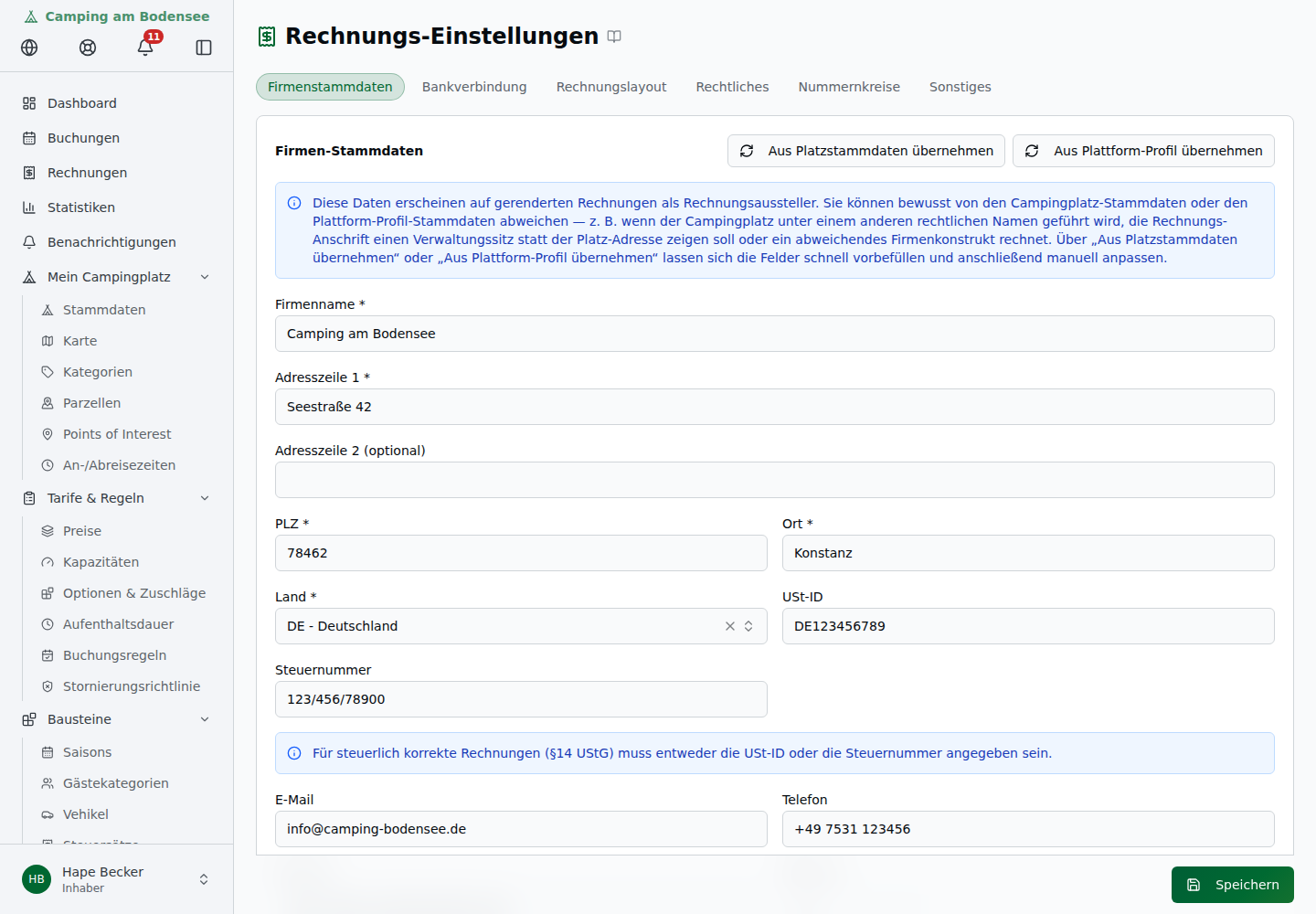Tab Firmenstammdaten mit Firmenname, Adresse, USt-ID, Steuernummer und Kontaktdaten