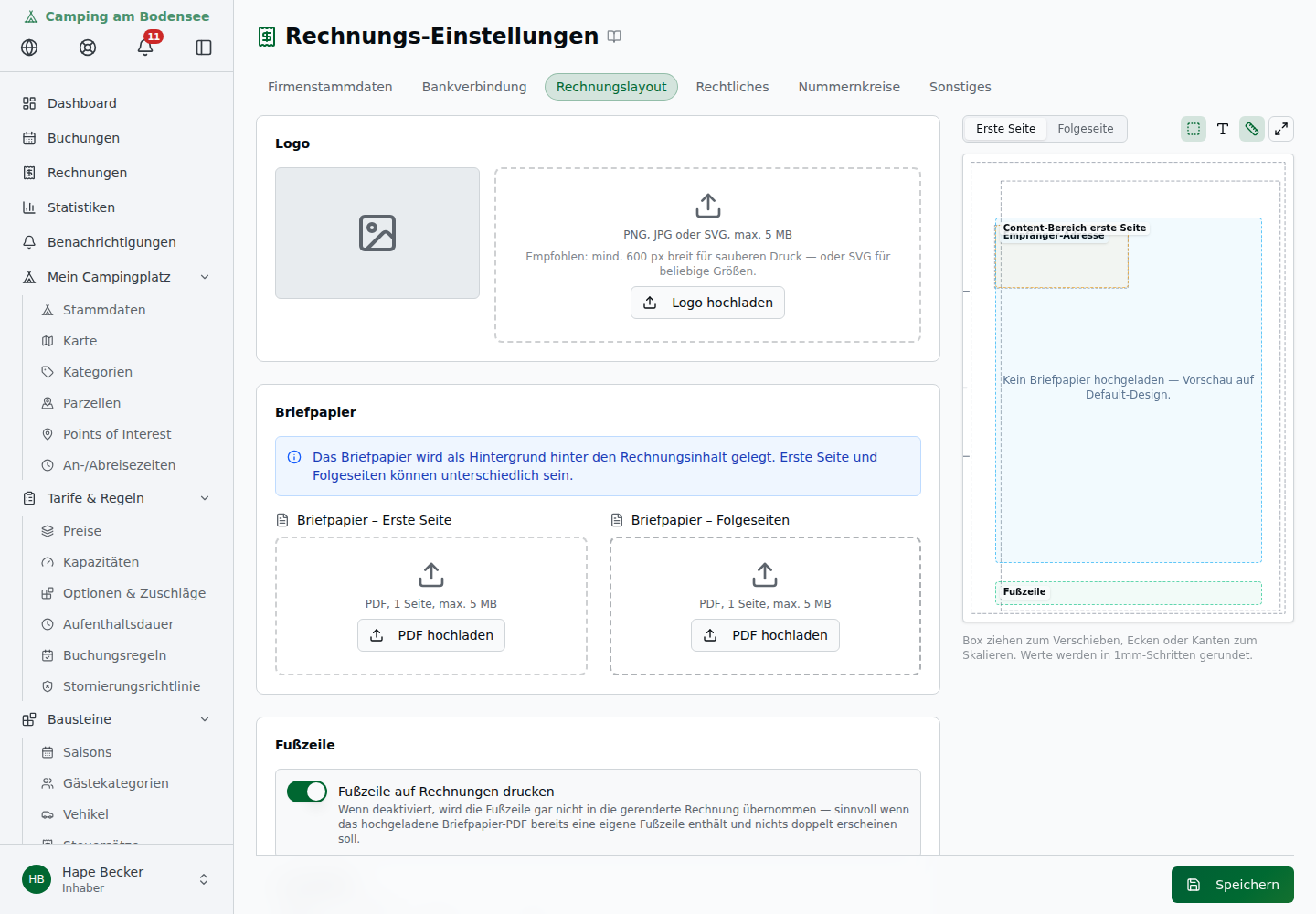 Tab Rechnungslayout mit Logo-/Briefpapier-Upload, A4-Vorschau und Fußzeilen-Einstellungen