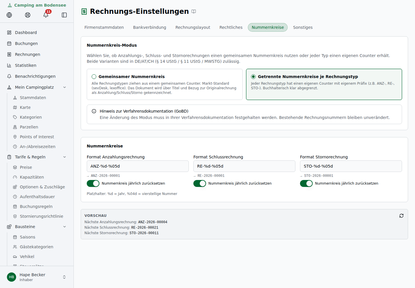 Tab Nummernkreise mit Modus-Auswahl (gemeinsam/getrennt), Format-Eingabe und Live-Vorschau