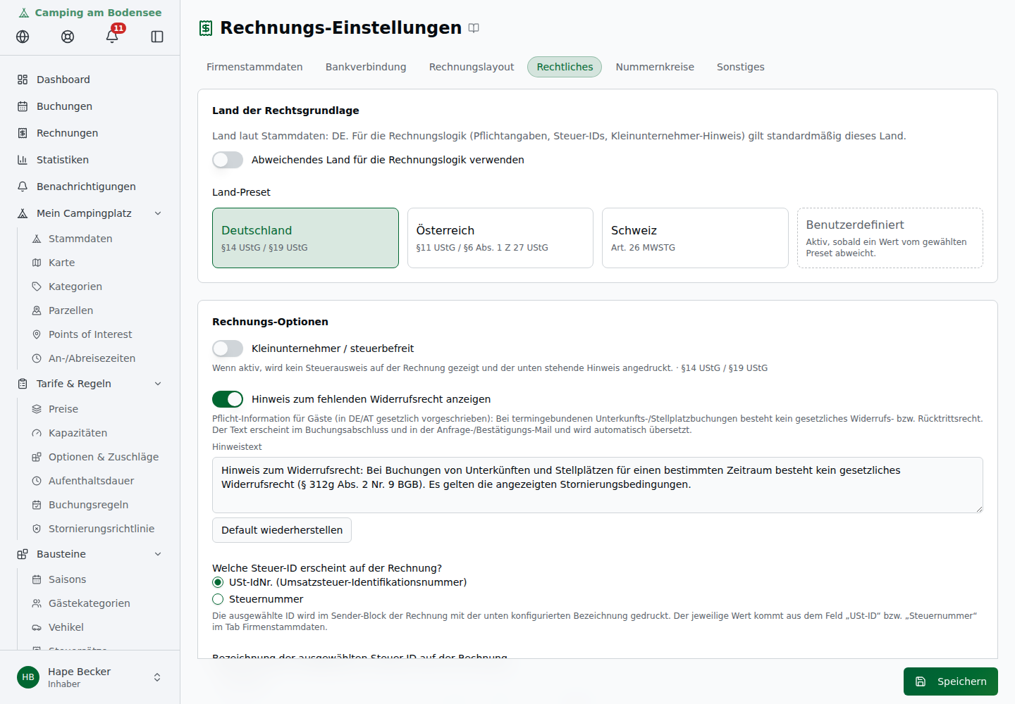 Tab Rechtliches mit DE/AT/CH-Preset-Karten und länderspezifischen Einstellungs-Feldern