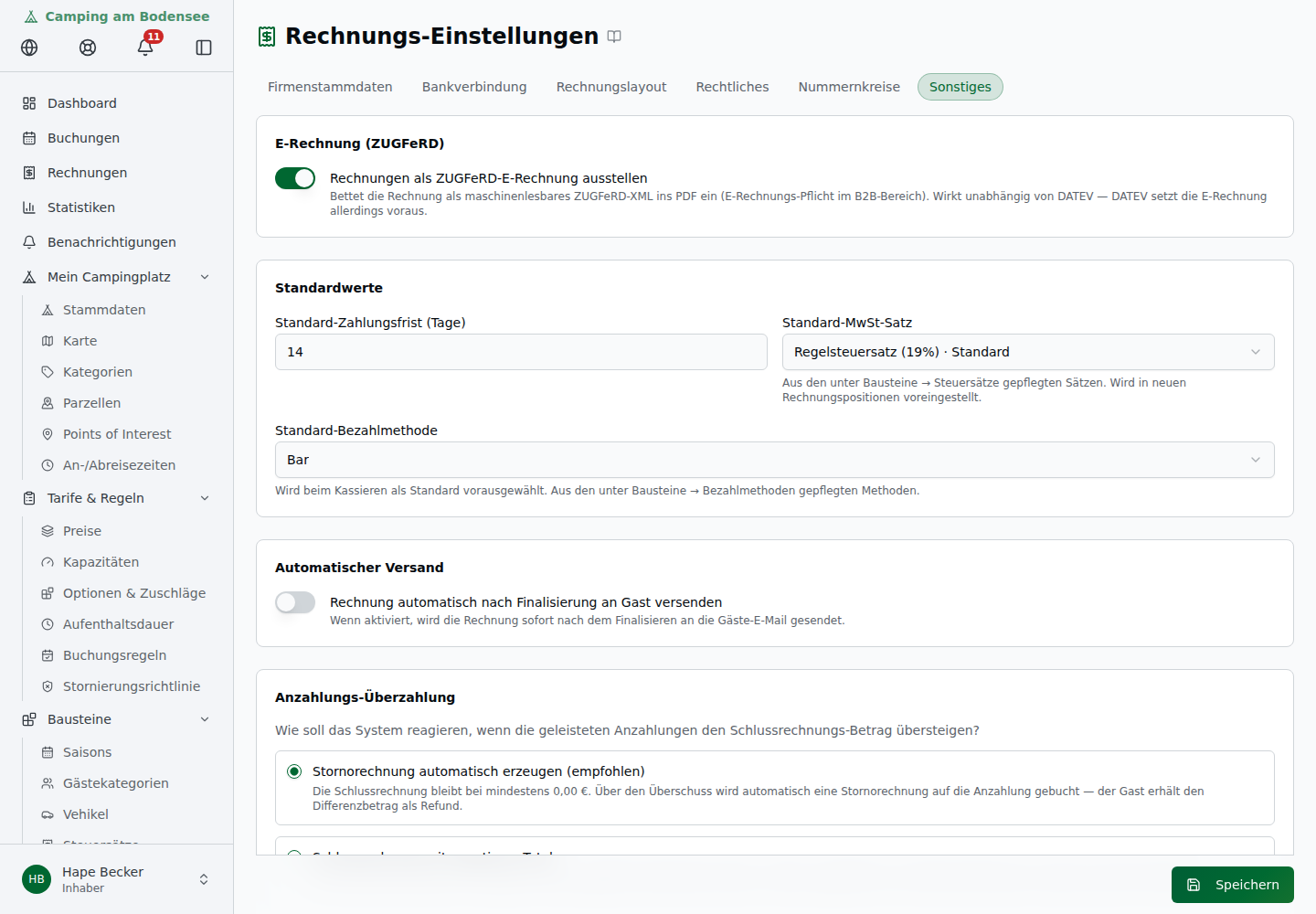 Tab Sonstiges mit Standardwerten, Zahlungsziel, automatischem Versand und Anzahlungs-Überzahlungs-Behandlung