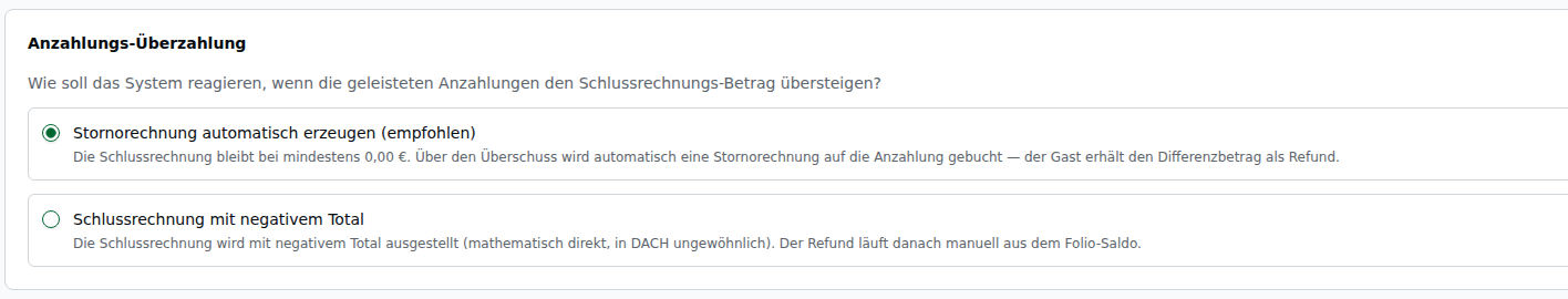 Sektion „Anzahlungs-Überzahlung" – RadioGroup mit zwei Optionen: „Stornorechnung automatisch erzeugen (empfohlen)" (ausgewählt) und „Schlussrechnung mit negativem Total"