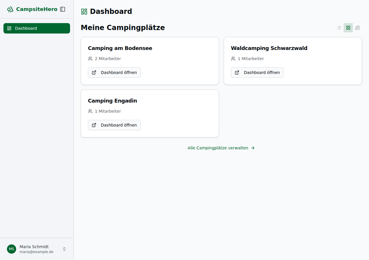 Portal-Dashboard aus Mitarbeiter-Sicht: Die Seitenleiste zeigt nur die freigeschalteten Bereiche – Verwaltungspunkte fehlen