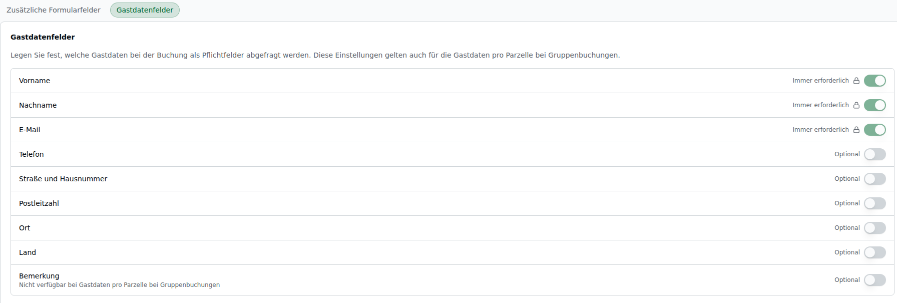 Tab „Gastdatenfelder" – Liste der Standard-Kontaktfelder: Vorname/Nachname/E-Mail/Telefon „Immer erforderlich" (gesperrt, Schloss-Symbol), Straße/PLZ/Ort/Land/Bemerkung als optionale Switch-Toggles