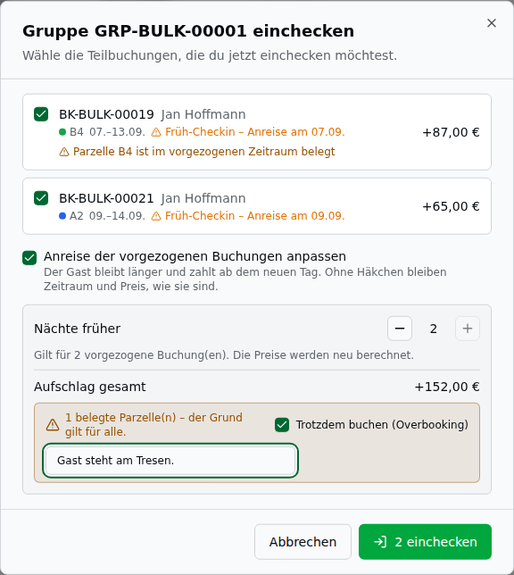 Derselbe Dialog nach dem Setzen des Häkchens „Trotzdem buchen (Overbooking)": Unter der Meldung „1 belegte Parzelle(n) – der Grund gilt für alle" ist das Grundfeld erschienen, und der Knopf „2 einchecken" ist wieder freigegeben