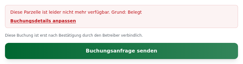 Fehlerbox am Abschluss: „Diese Parzelle ist leider nicht mehr verfügbar. Grund: Belegt", darunter der Link „Buchungsdetails anpassen"; unter der Box der Hinweis „Diese Buchung ist erst nach Bestätigung durch den Betreiber verbindlich." und der Knopf „Buchungsanfrage senden"
