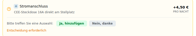 Option „Stromanschluss" mit Bewusster Entscheidung – amber umrandeter Block mit Fragezeichen-Icon, Hinweis „Bitte treffen Sie eine Auswahl" und den Buttons „Ja, hinzufügen" / „Nein, danke" sowie „Entscheidung erforderlich"