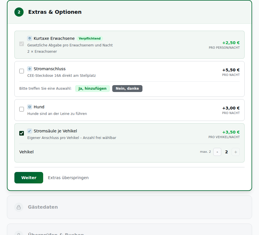 Schritt „Extras & Optionen": Die angehakte Option „Stromsäule je Vehikel" zeigt darunter eine Reglerzeile „Vehikel" mit der Angabe „max. 2" und den Knöpfen Minus/2/Plus; die übrigen Optionen (Kurtaxe, Stromanschluss, Hund) haben keinen Regler