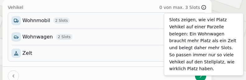 Tab „Womit" der Gäste-Suche: Vehikel-Liste (Wohnmobil, Wohnwagen, Zelt) mit Slot-Badges, die Belegungsanzeige „0 von max. 3 Slots" mit Info-Icon und der geöffnete Erklär-Tooltip zu den Slots