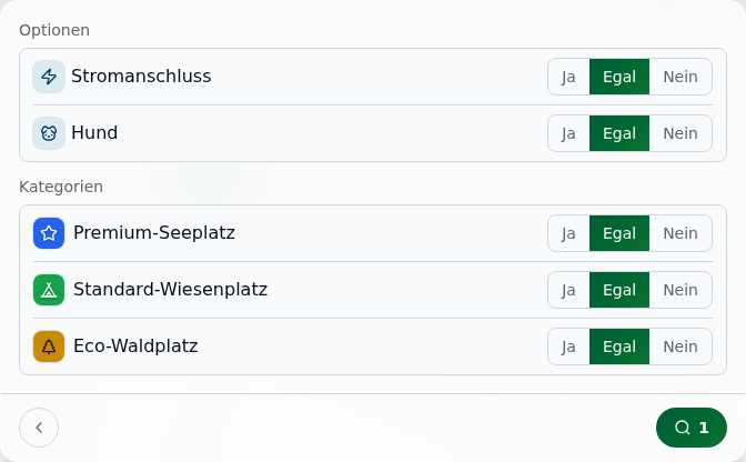 Tab „Was" der Gäste-Suche: Sektion „Optionen" (Stromanschluss, Hund) und Sektion „Kategorien" (Premium-Seeplatz, Standard-Wiesenplatz, Eco-Waldplatz), je Zeile ein Ja/Egal/Nein-Umschalter mit aktivem „Egal", beide in umrandeten Karten mit Trennlinien
