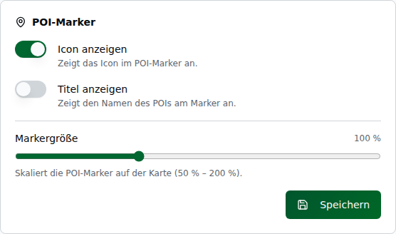 Abschnitt „POI-Marker" auf der Karte-Seite mit den Schaltern „Icon anzeigen" und „Titel anzeigen" sowie dem Schieberegler „Markergröße" (100 %)