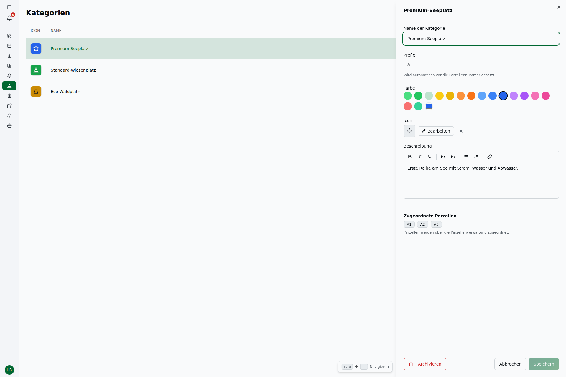 Kategorie-Bearbeiten-Sheet (Premium-Seeplatz) – Name, Prefix, Farbpalette, Icon-Auswahl, Beschreibungs-Editor und Liste der zugeordneten Parzellen