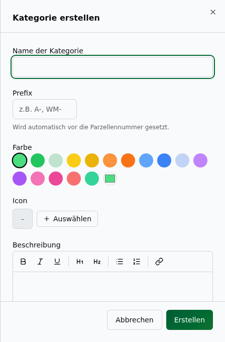 Erstellen-Sheet „Kategorie" mit Name, Prefix, Farbpalette, Icon-Auswahl und Beschreibungs-Editor